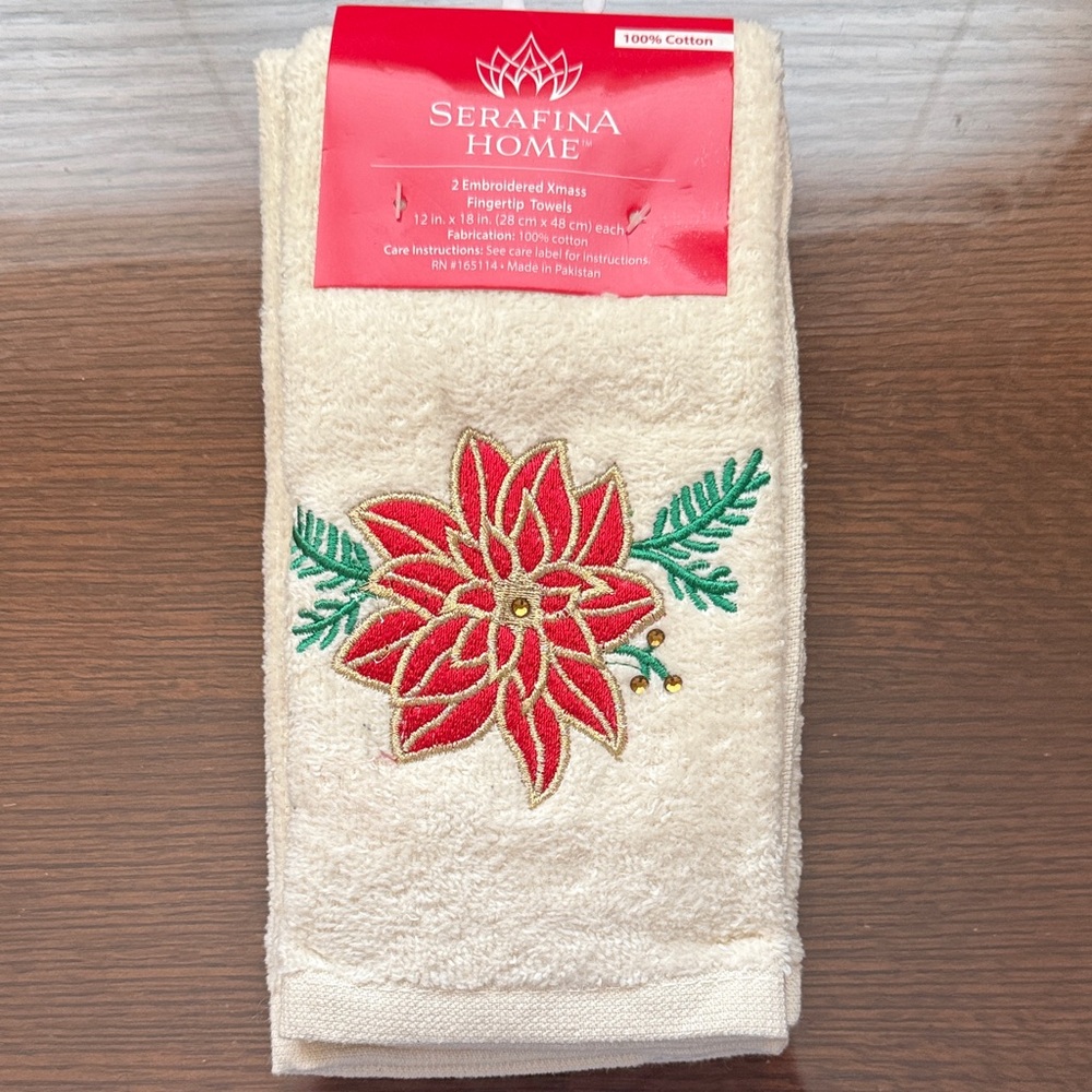 Serifina Home Holiday Towels with Red Poinsettia Embroidery